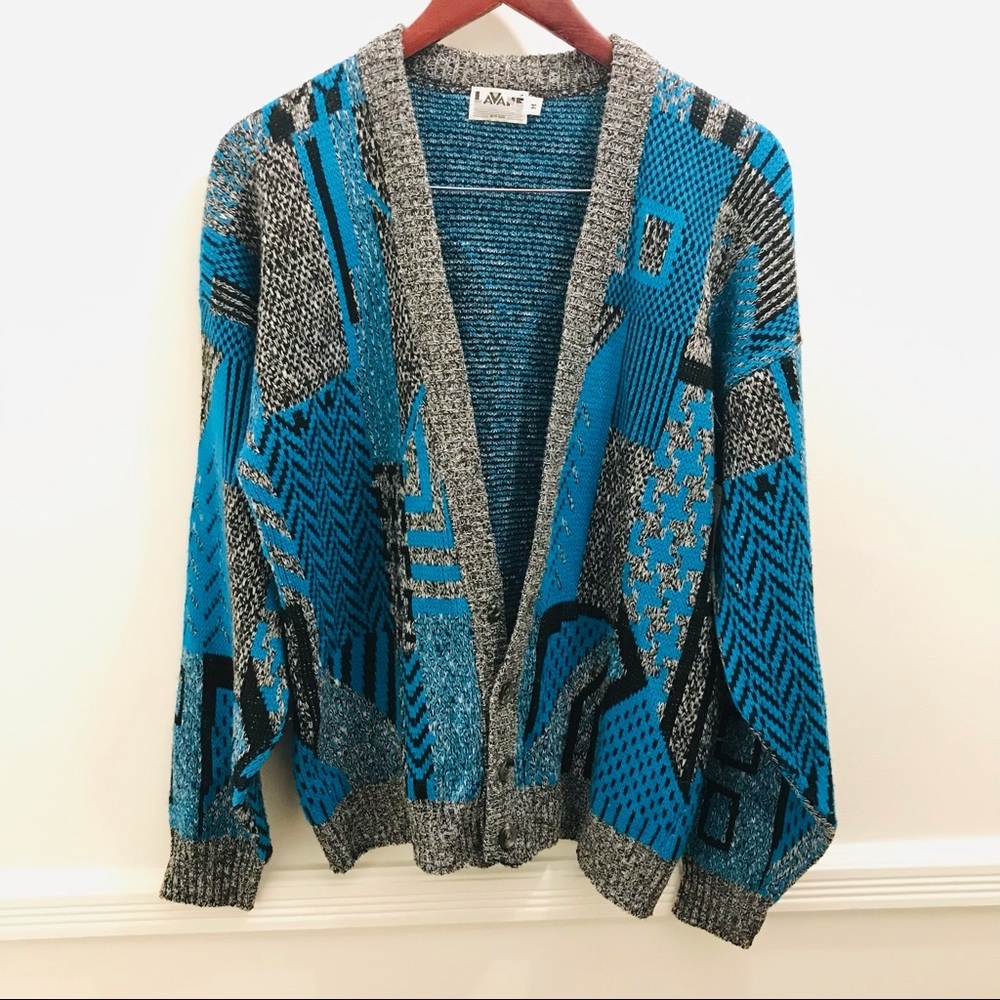 Vintage Lavane Cardigan Sweater Medium blue black gray retro 80s hipster